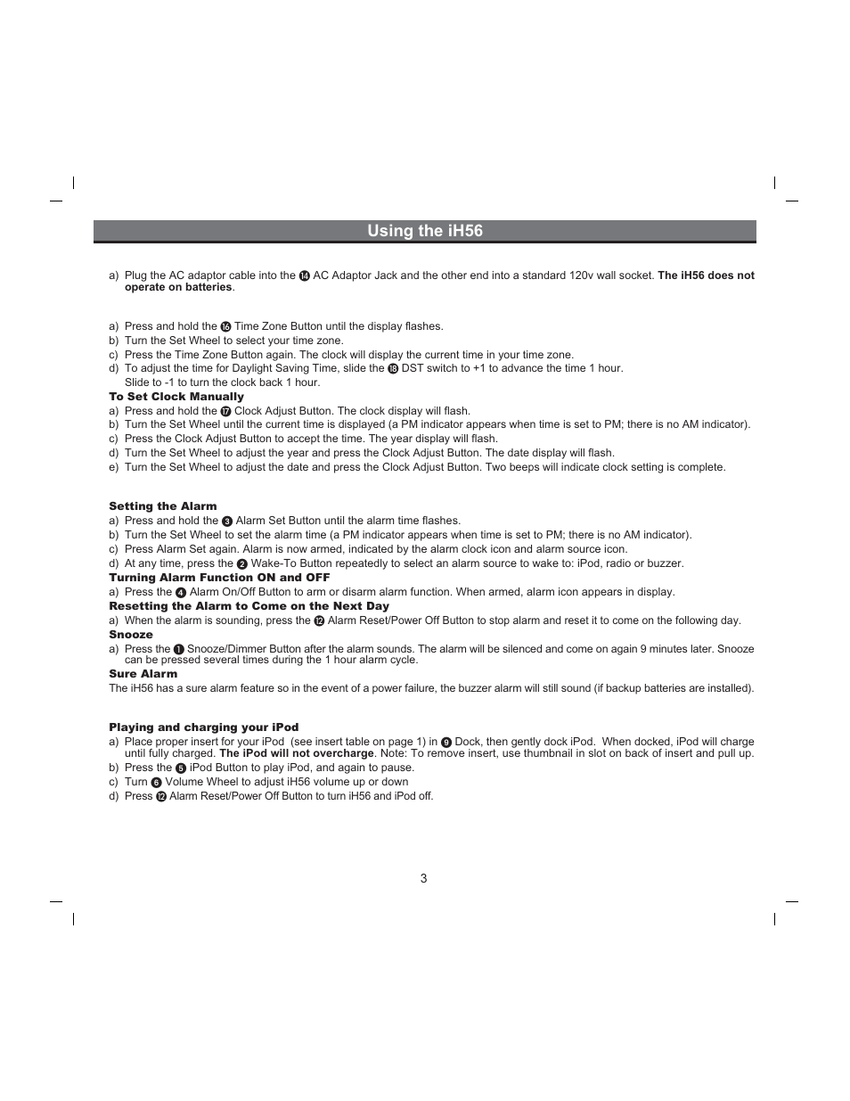 Using the ih56, Connect ih56 to power source, Setting the clock | Using the alarm, Ipod | iHome iH56 User Manual | Page 6 / 14