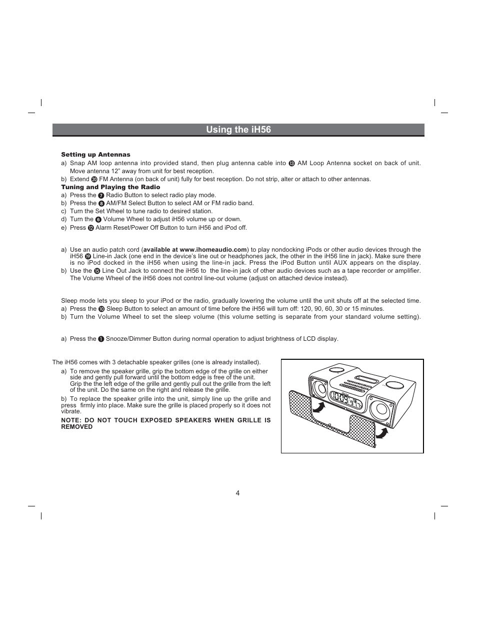 Using the ih56, Radio, Using the line-in and line-out jacks | Using sleep mode, Using dimmer, Changing the speaker grille | iHome iH56 User Manual | Page 7 / 14