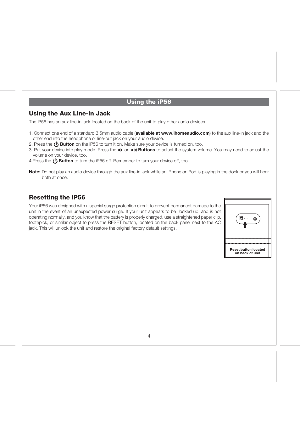 Using the ip56 using the aux line-in jack, Resetting the ip56 | iHome IP56 User Manual | Page 7 / 10