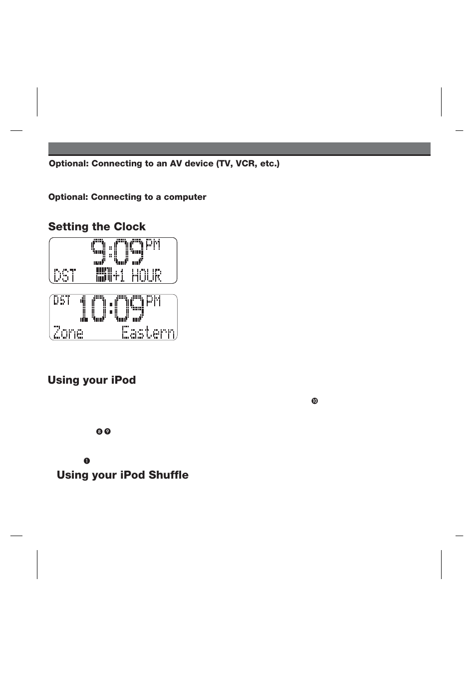 Using your ipod, Using your ipod shuffle, Setting the clock | Using the ih52, Optional: connecting to a computer | iHome IPOD IH52 User Manual | Page 12 / 19