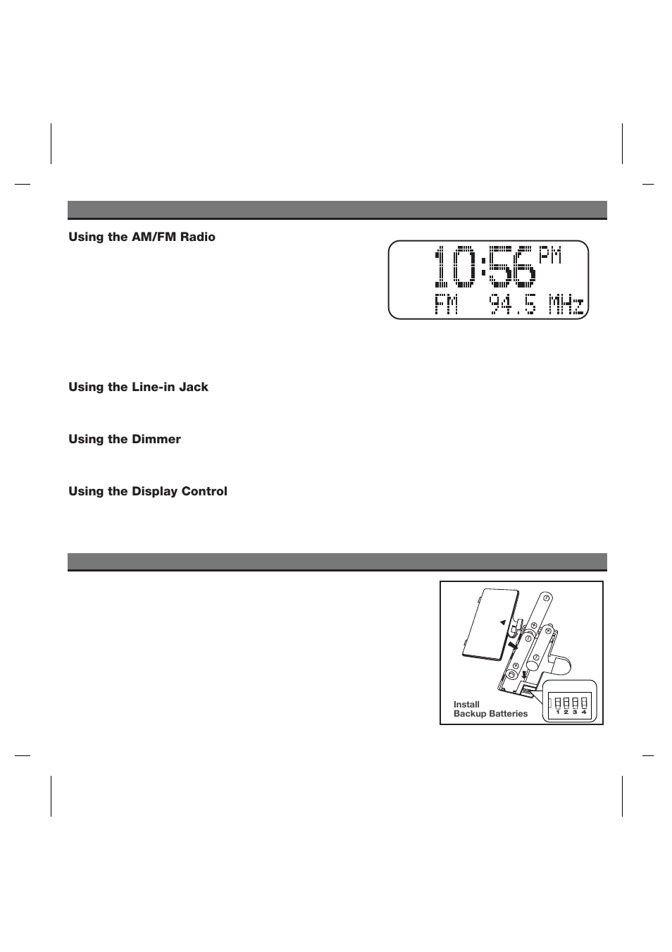 Replacing ih52 backup batteries, Using the ih52, Using the am/fm radio | Using the line-in jack, Using the dimmer, Using the display control | iHome IPOD IH52 User Manual | Page 13 / 19