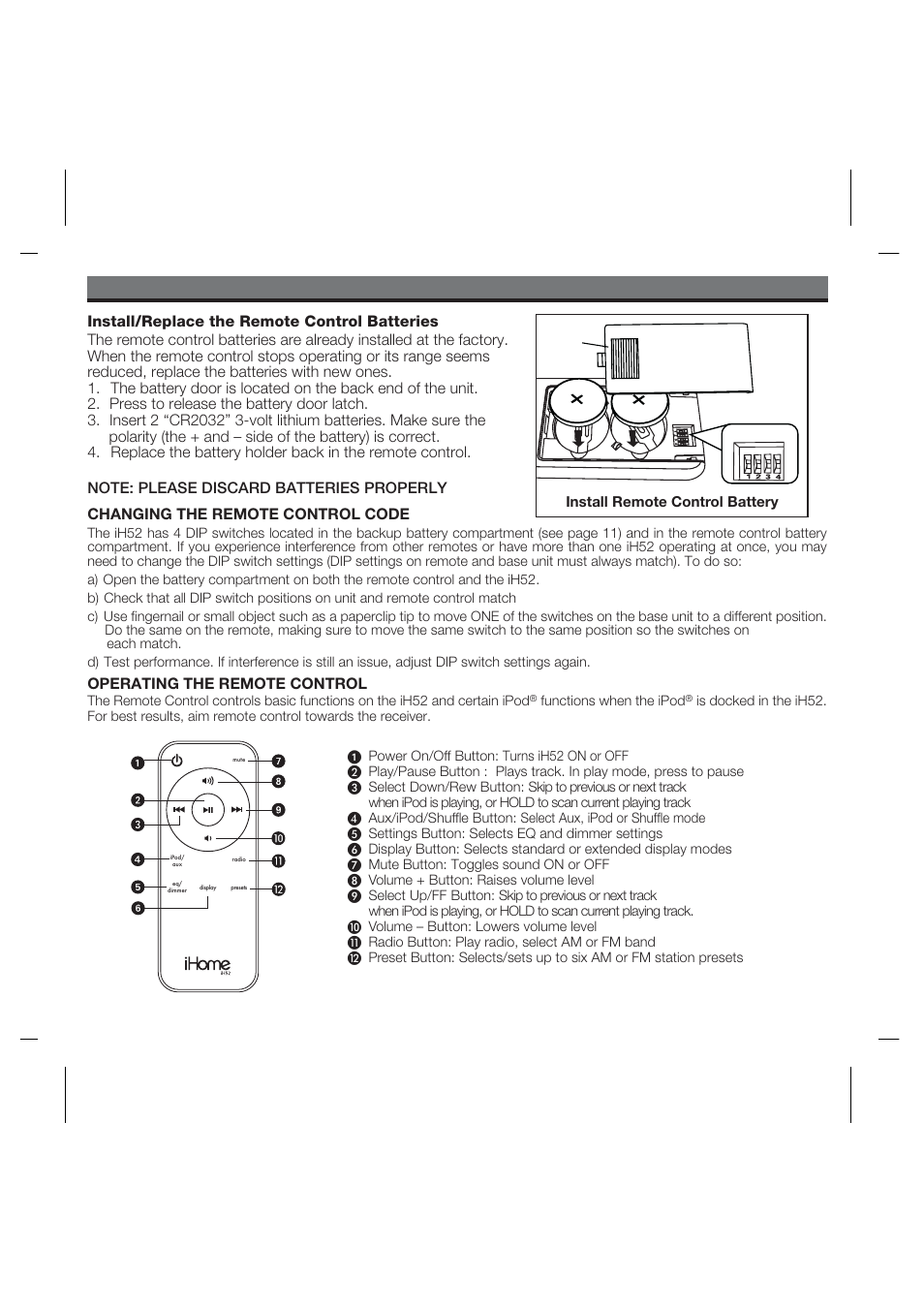 Using the remote control unit, Operating the remote control | iHome IPOD IH52 User Manual | Page 14 / 19