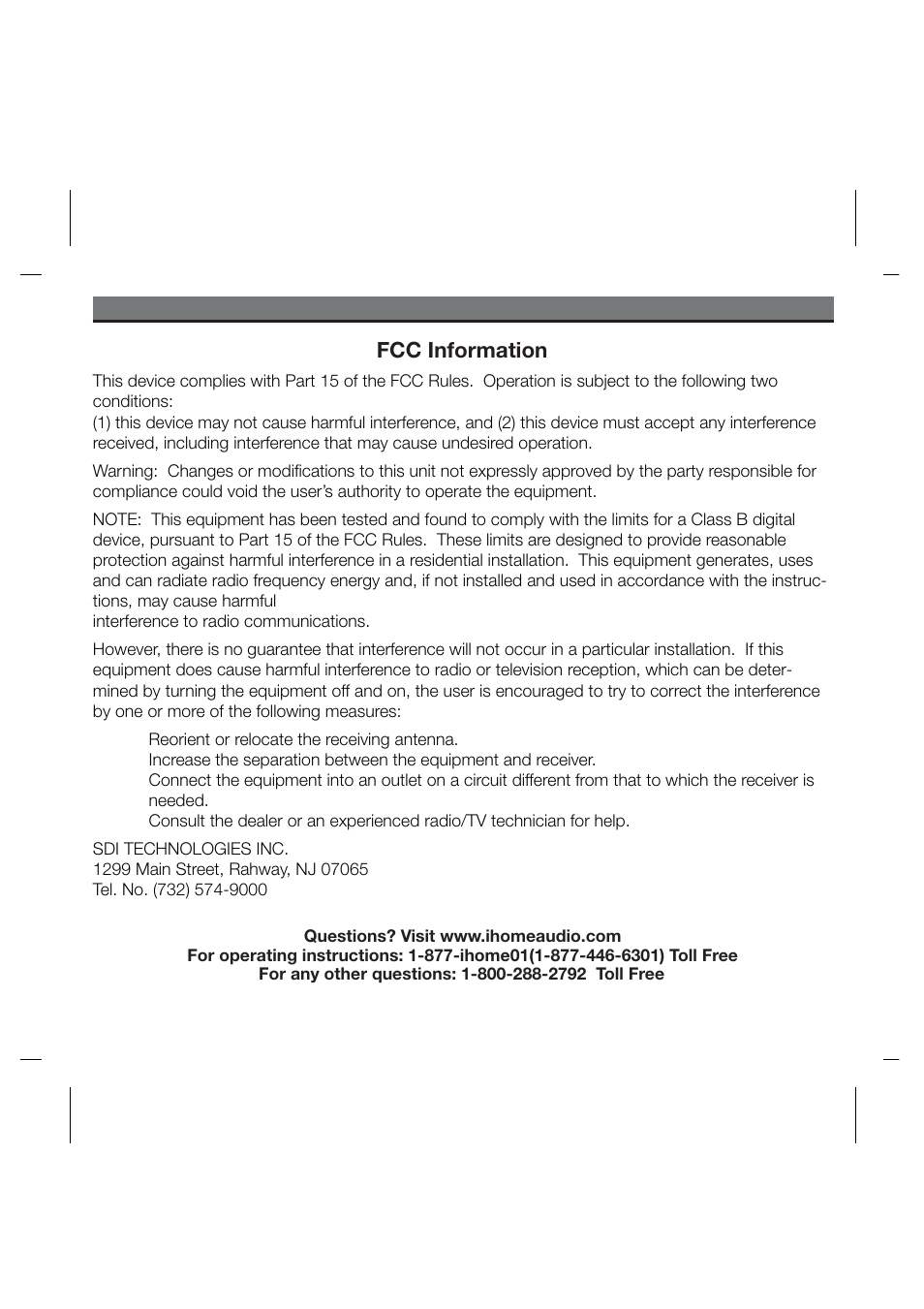 Fcc information | iHome IPOD IH52 User Manual | Page 7 / 19