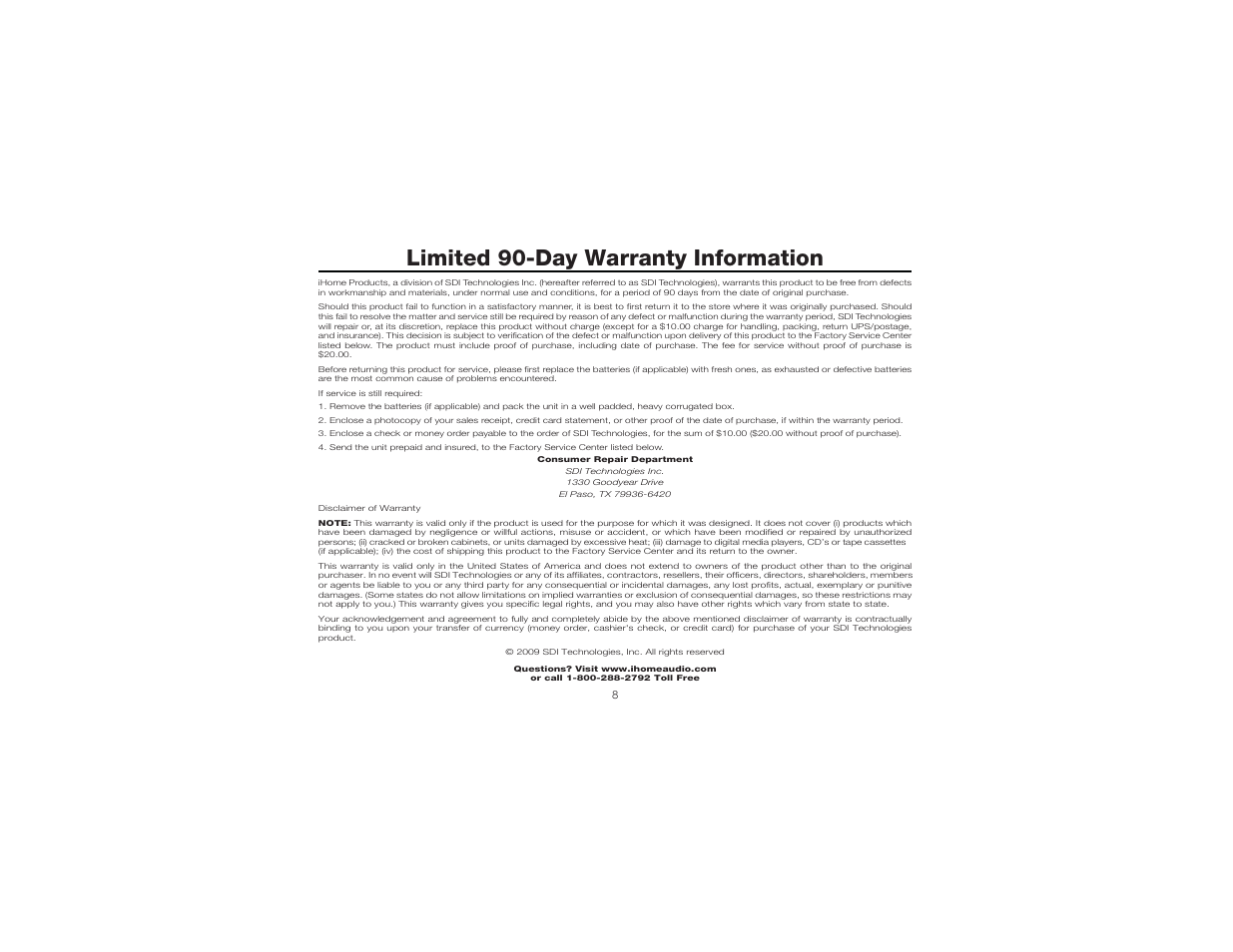 Limited 90-day warranty information | iHome iH17 User Manual | Page 11 / 12