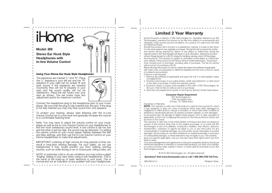 Limited 2 year warranty | iHome IB9 User Manual | Page 2 / 2