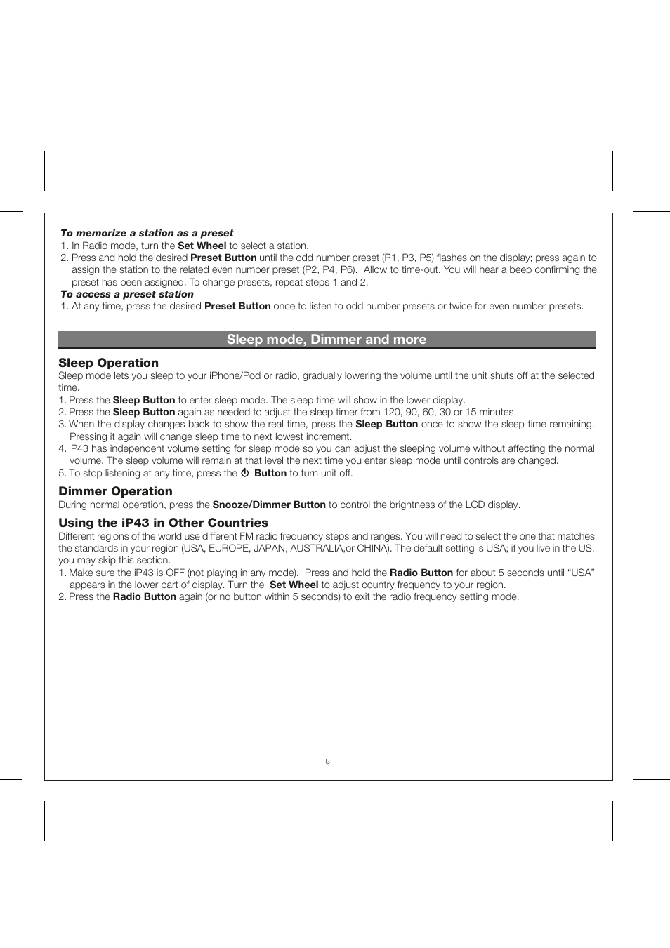 Sleep mode, dimmer and more | iHome IP43 User Manual | Page 10 / 14