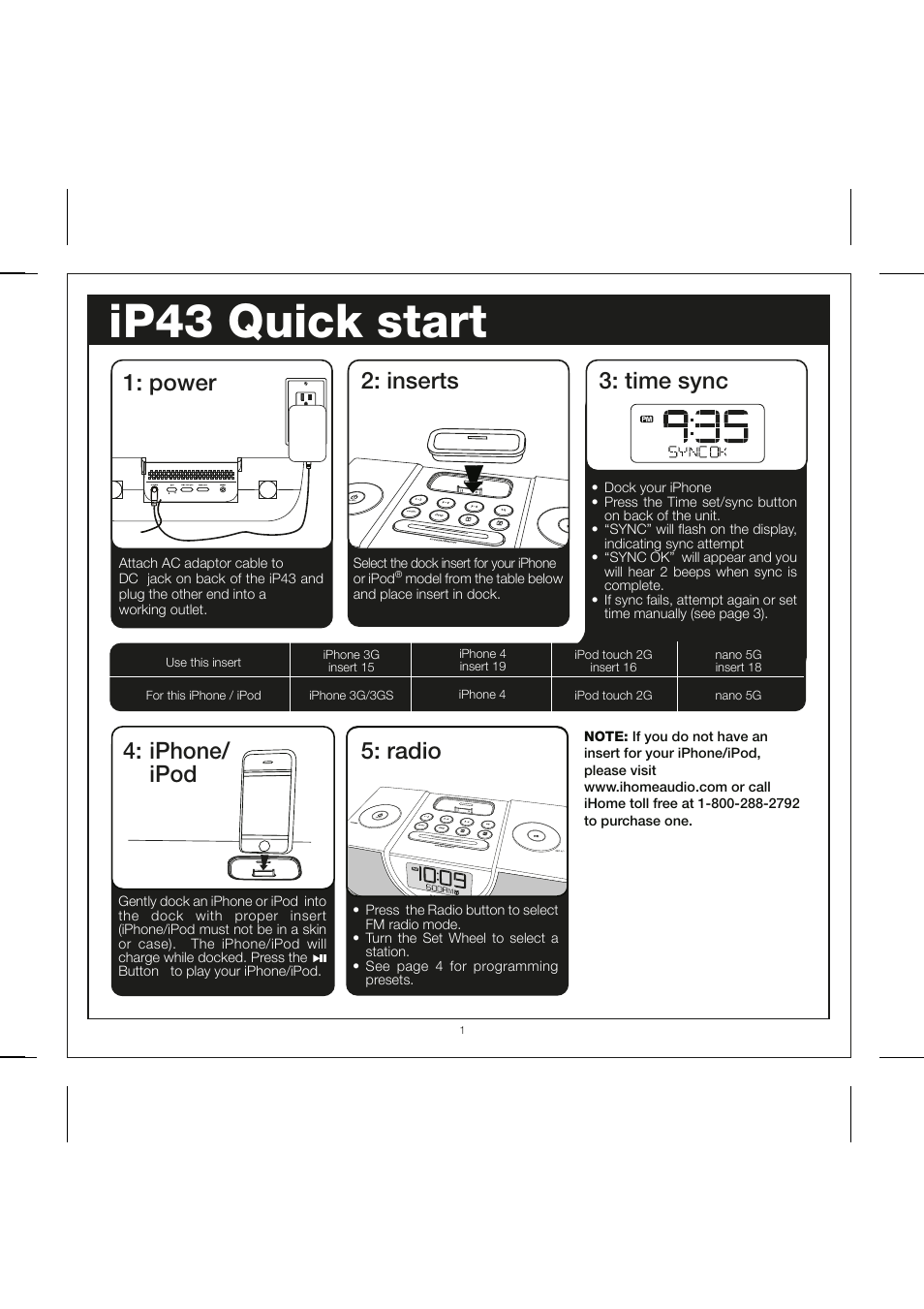 Ip43 quick start, Inserts 4: iphone/ ipod, Time sync | Radio, Power | iHome IP43 User Manual | Page 3 / 14