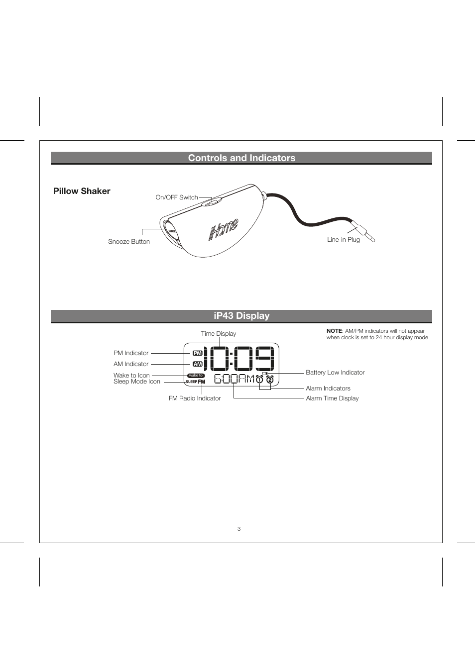 Controls and indicators, Ip43 display, Pillow shaker | iHome IP43 User Manual | Page 5 / 14