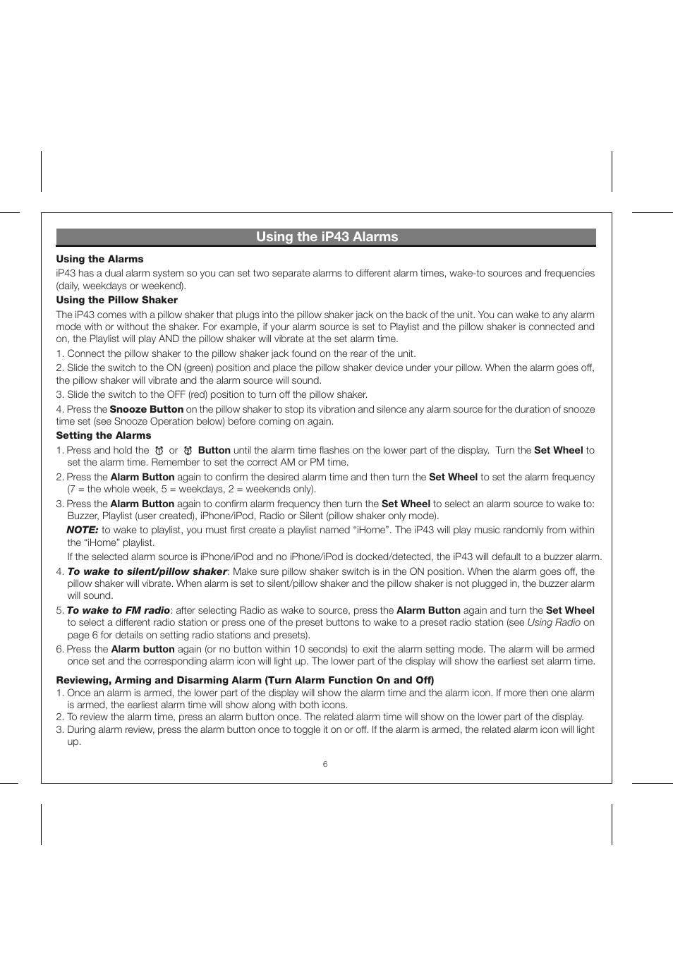 Using the ip43 alarms | iHome IP43 User Manual | Page 8 / 14