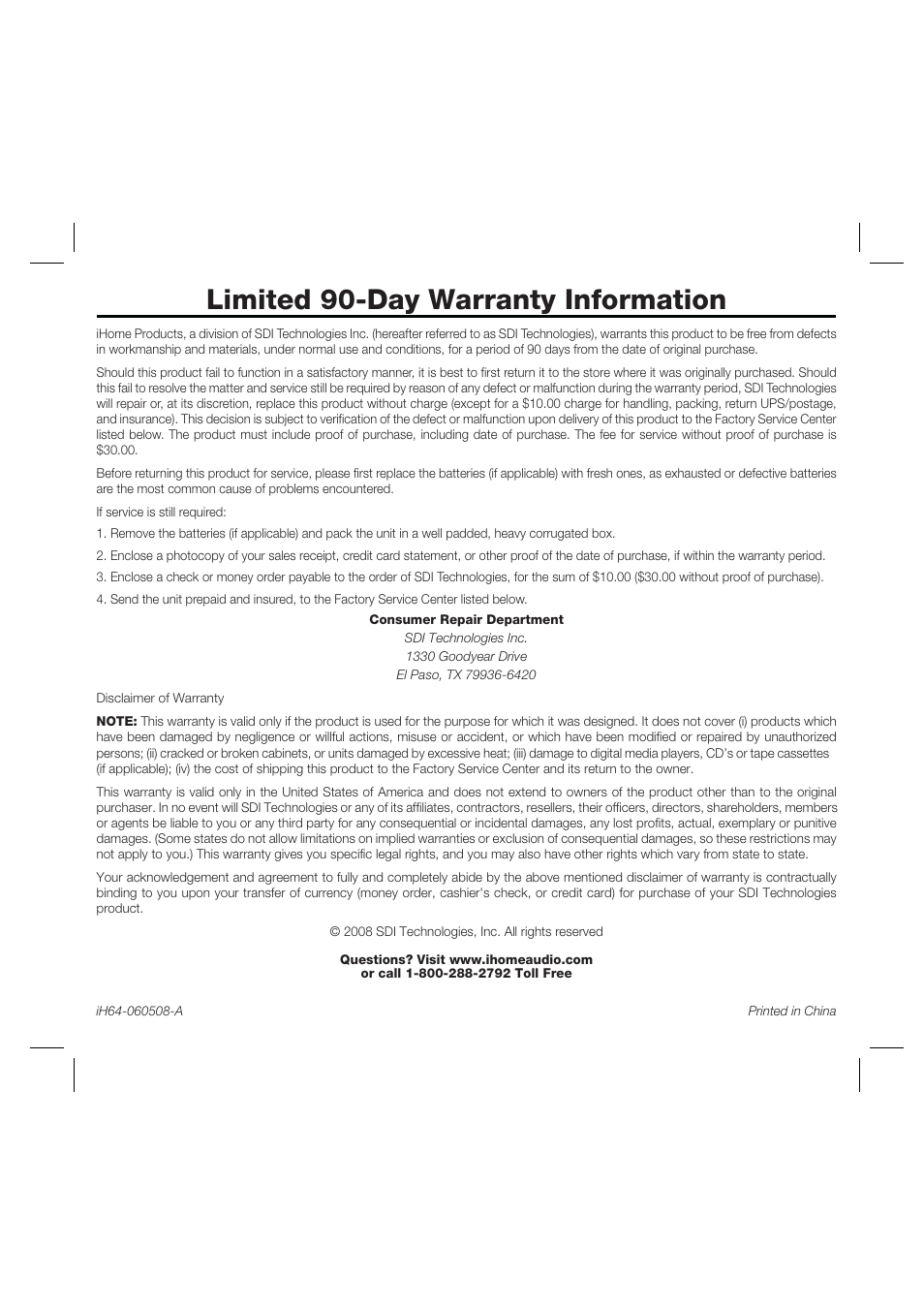 Limited 90-day warranty information | iHome iH64 User Manual | Page 12 / 12