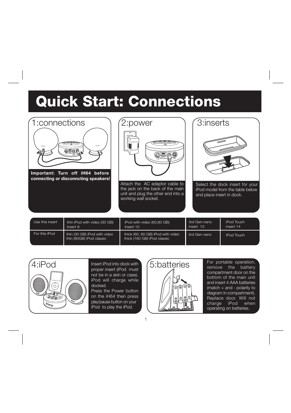 Quick start: connections, Inserts 2:power, Ipod | Batteries, Connections | iHome iH64 User Manual | Page 4 / 12