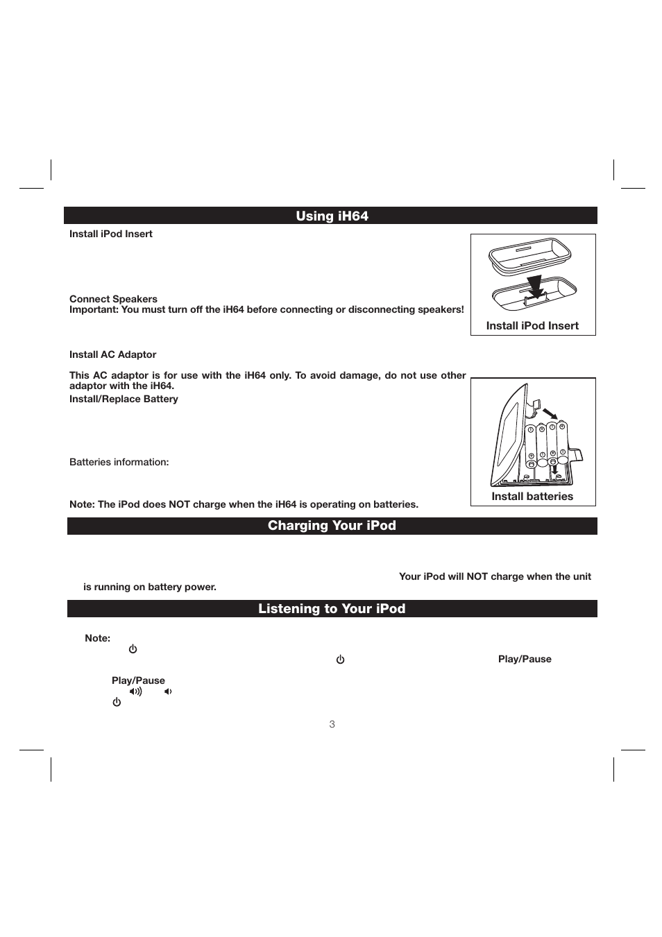 Using ih64, Charging your ipod, Listening to your ipod | iHome iH64 User Manual | Page 6 / 12