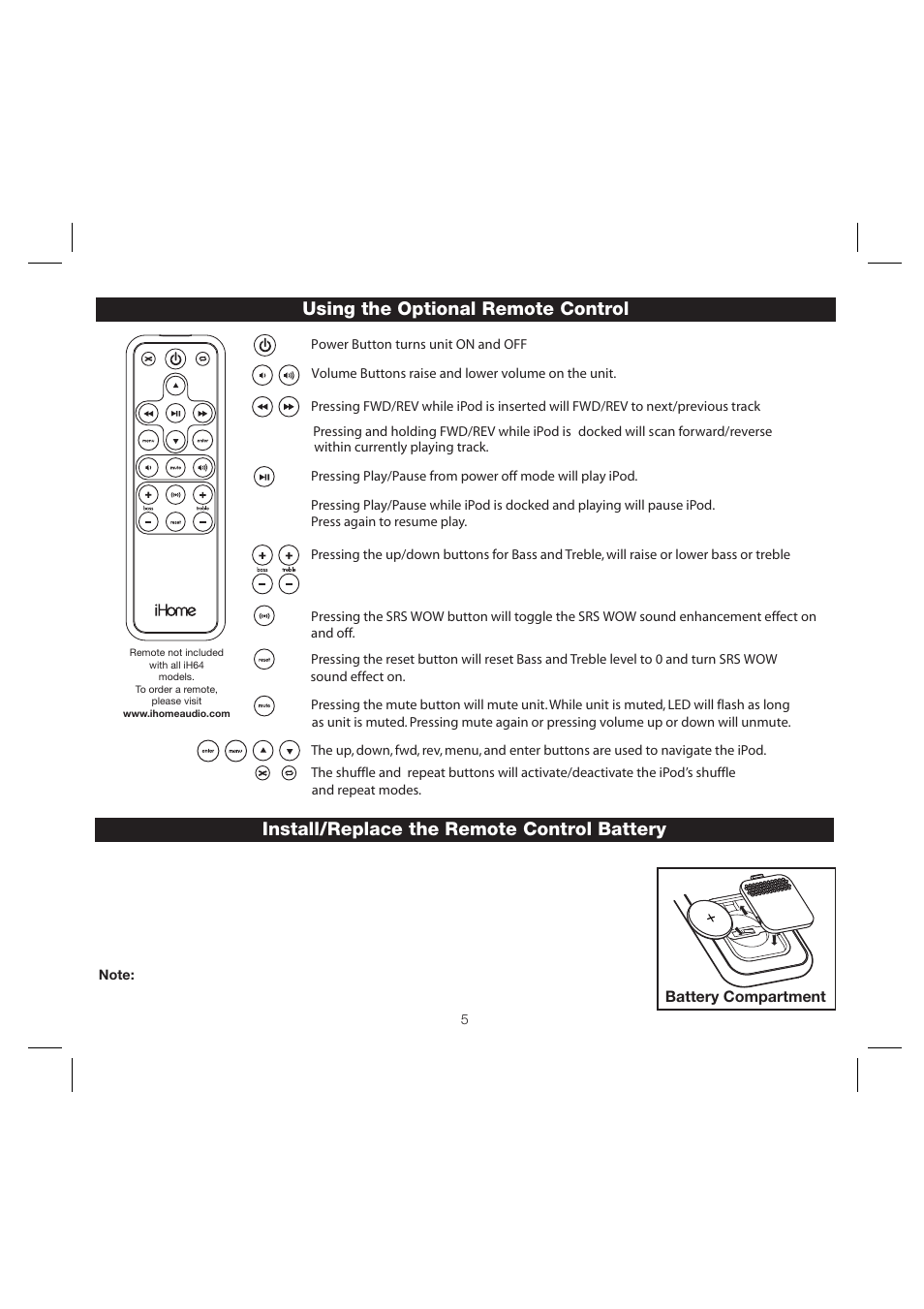 Using the optional remote control, Install/replace the remote control battery | iHome iH64 User Manual | Page 8 / 12