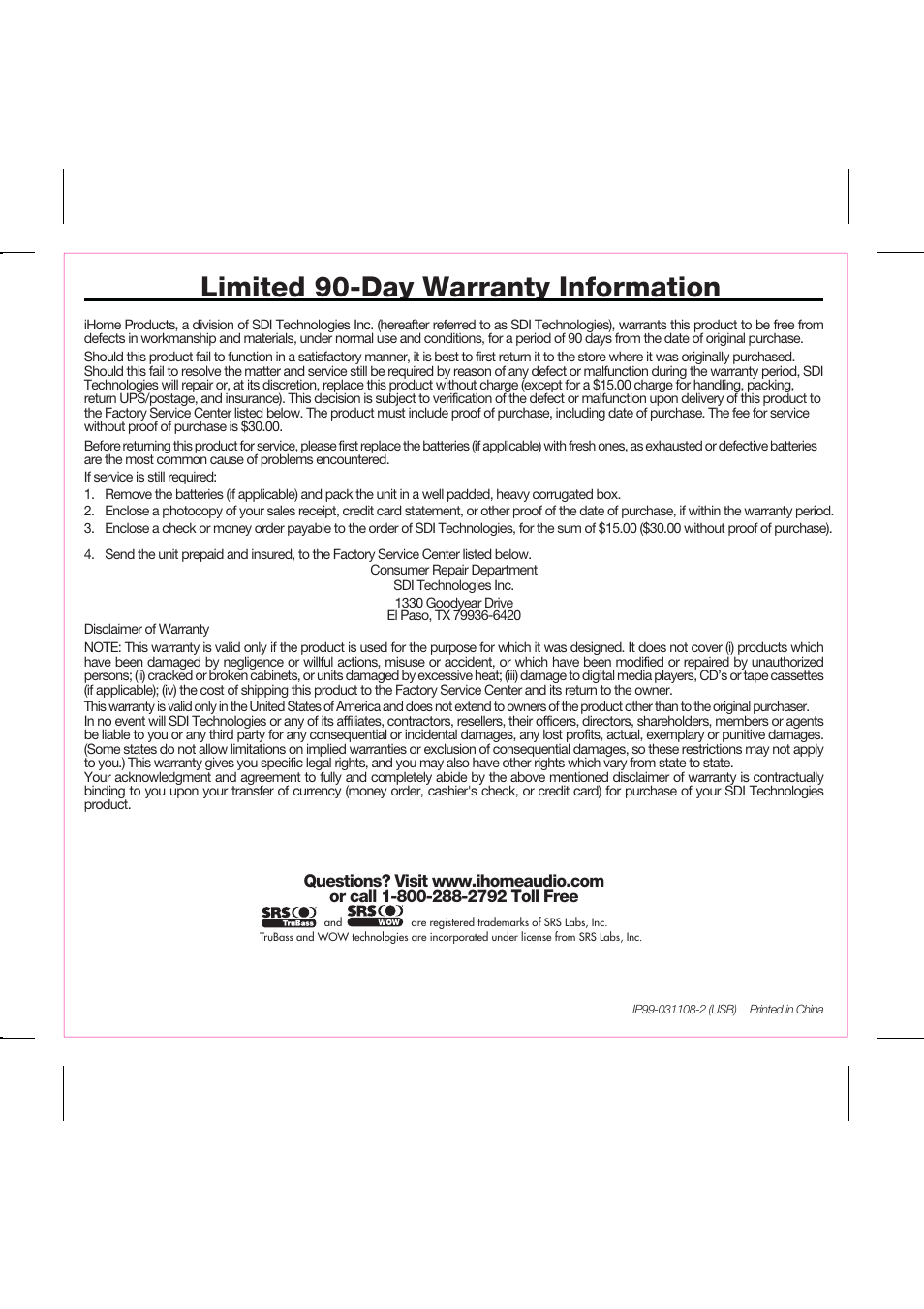 Limited 90-day warranty information | iHome iP99 User Manual | Page 14 / 14