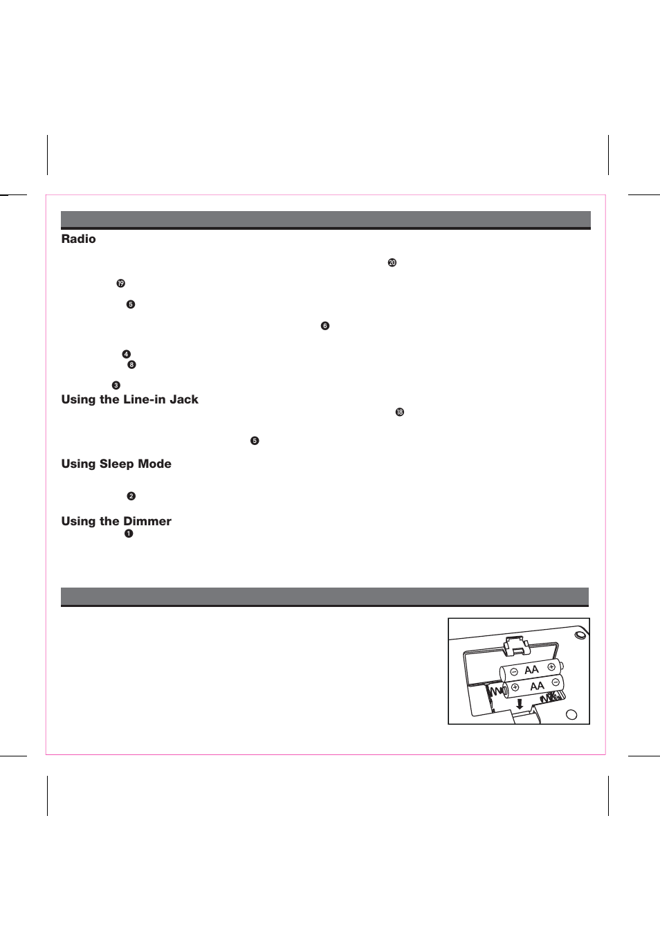 Replacing ip99 backup batteries using the ip99, Radio, Using the line-in jack | Using sleep mode, Using the dimmer | iHome iP99 User Manual | Page 7 / 14