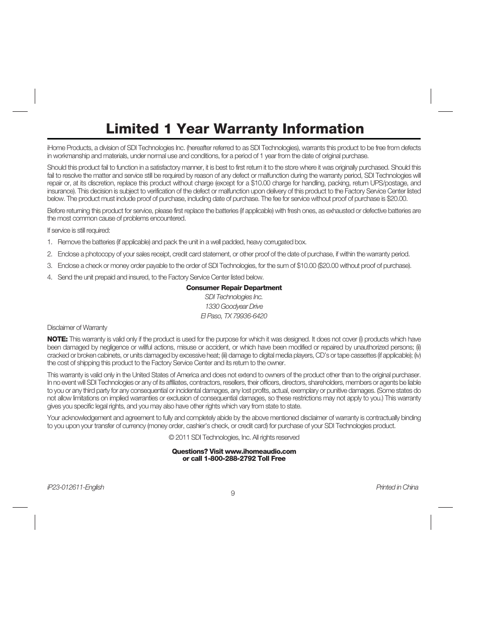 Limited 1 year warranty information | iHome IP23 User Manual | Page 12 / 12