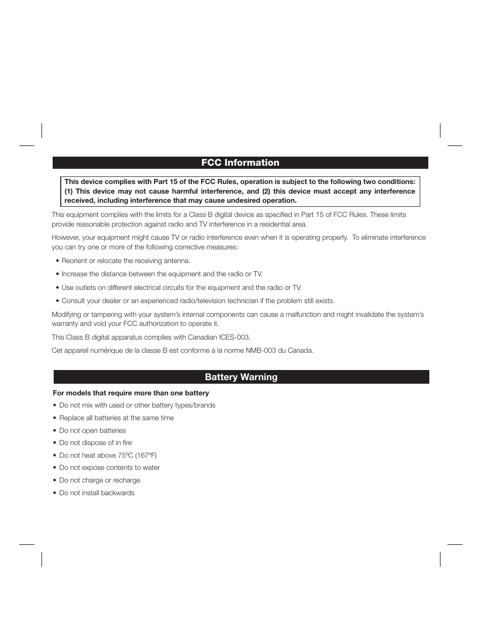 Fcc information, Battery warning | iHome IP23 User Manual | Page 3 / 12