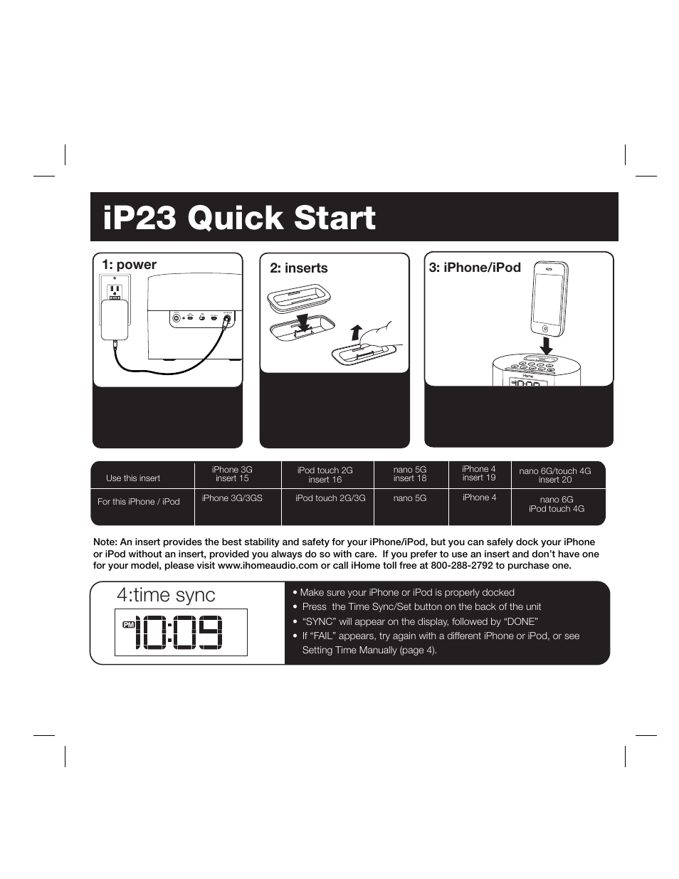 Ip23 quick start, Time sync, Inserts | Power | iHome IP23 User Manual | Page 5 / 12