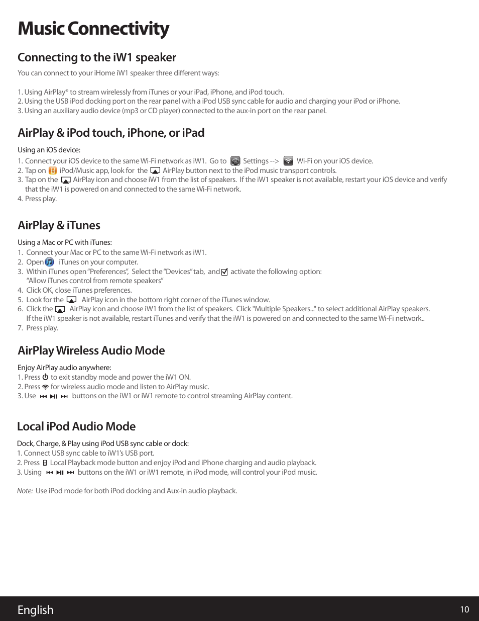 Music connectivity, English, Local ipod audio mode | Airplay & ipod touch, iphone, or ipad, Airplay & itunes | iHome AIRPLAY IW1 User Manual | Page 10 / 20