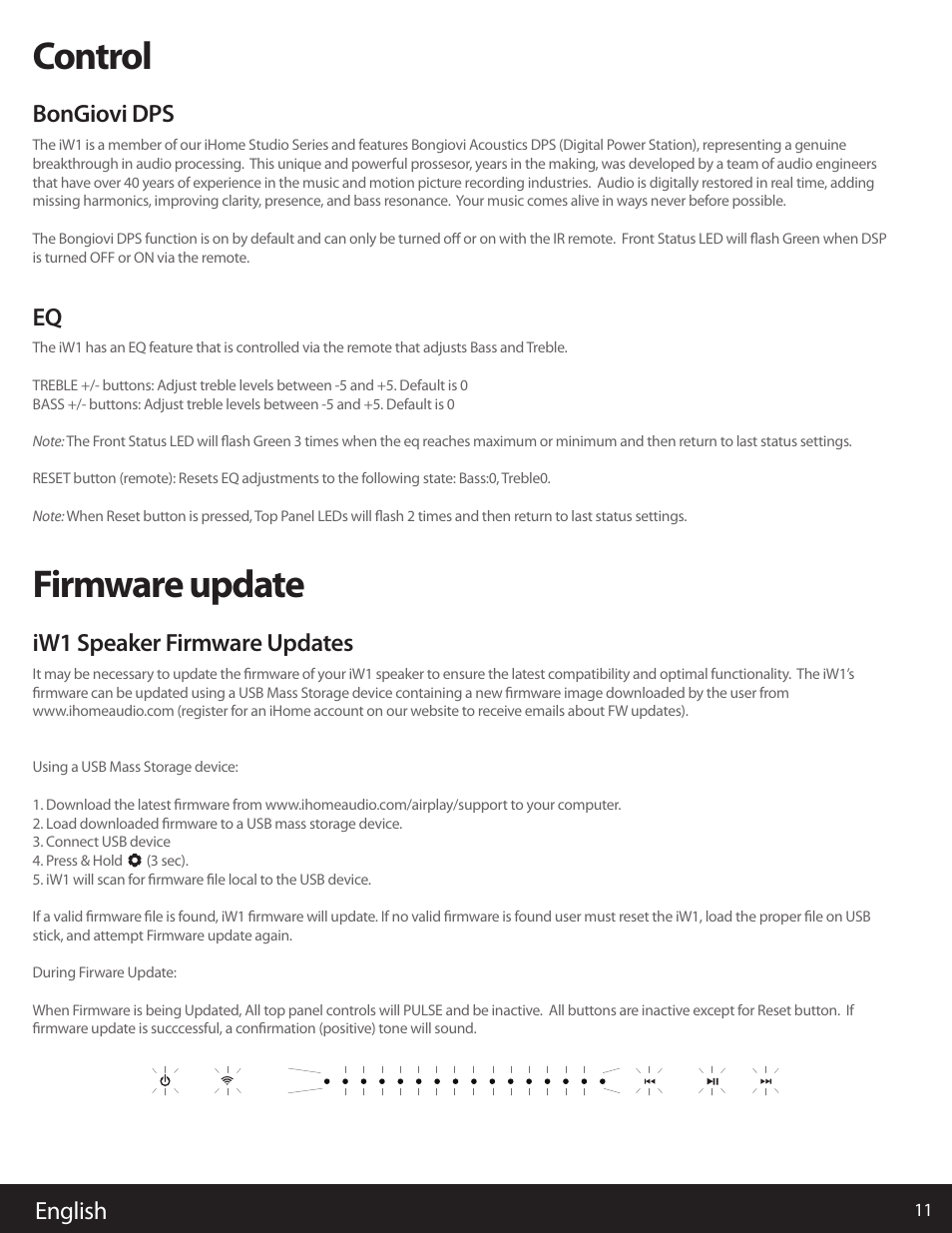 Control, Firmware update, English | Bongiovi dps, Iw1 speaker firmware updates | iHome AIRPLAY IW1 User Manual | Page 11 / 20