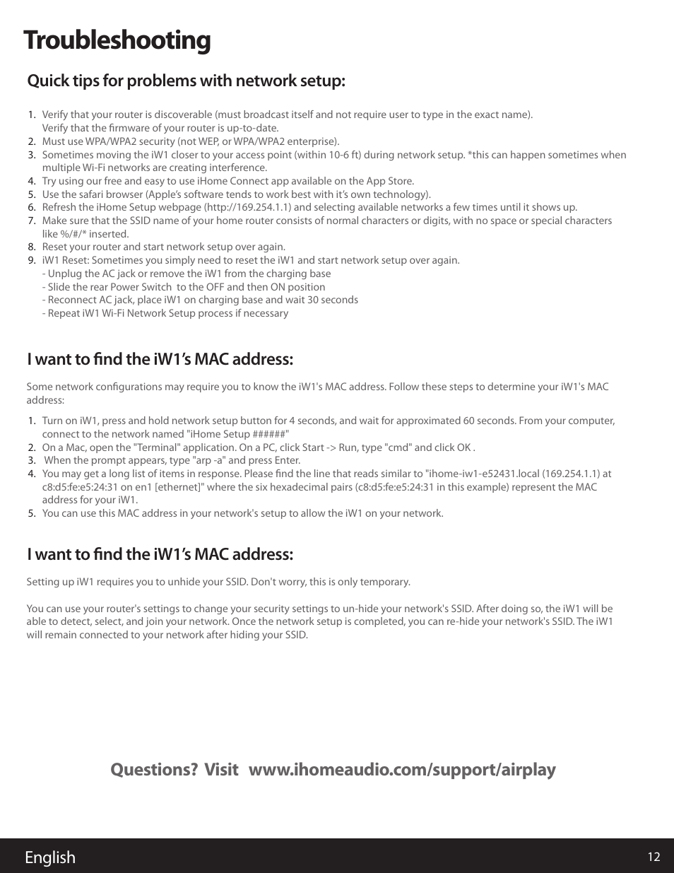 Troubleshooting, English, Quick tips for problems with network setup | I want to find the iw1’s mac address | iHome AIRPLAY IW1 User Manual | Page 12 / 20