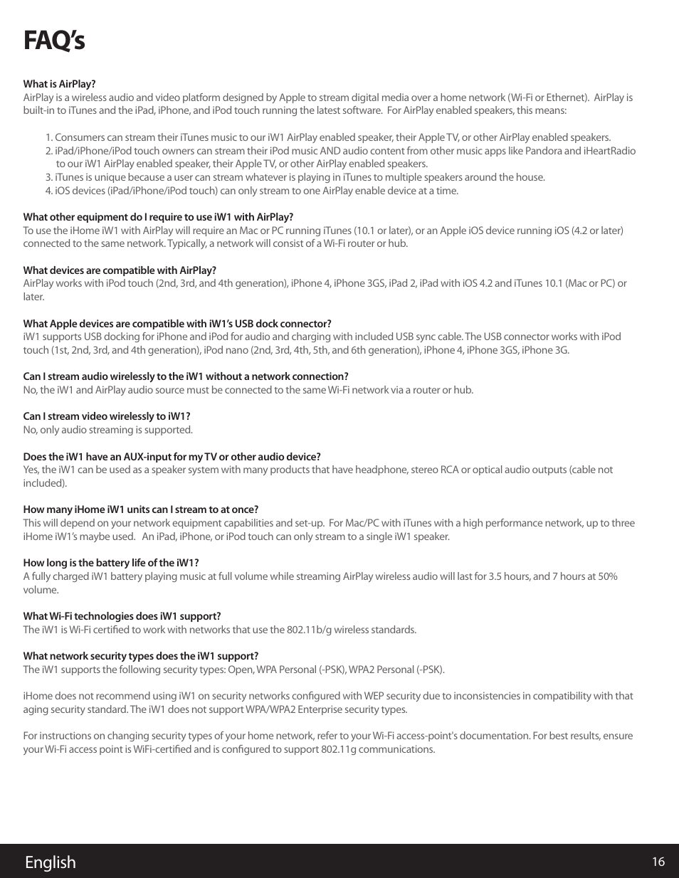 Faq’s, English | iHome AIRPLAY IW1 User Manual | Page 16 / 20