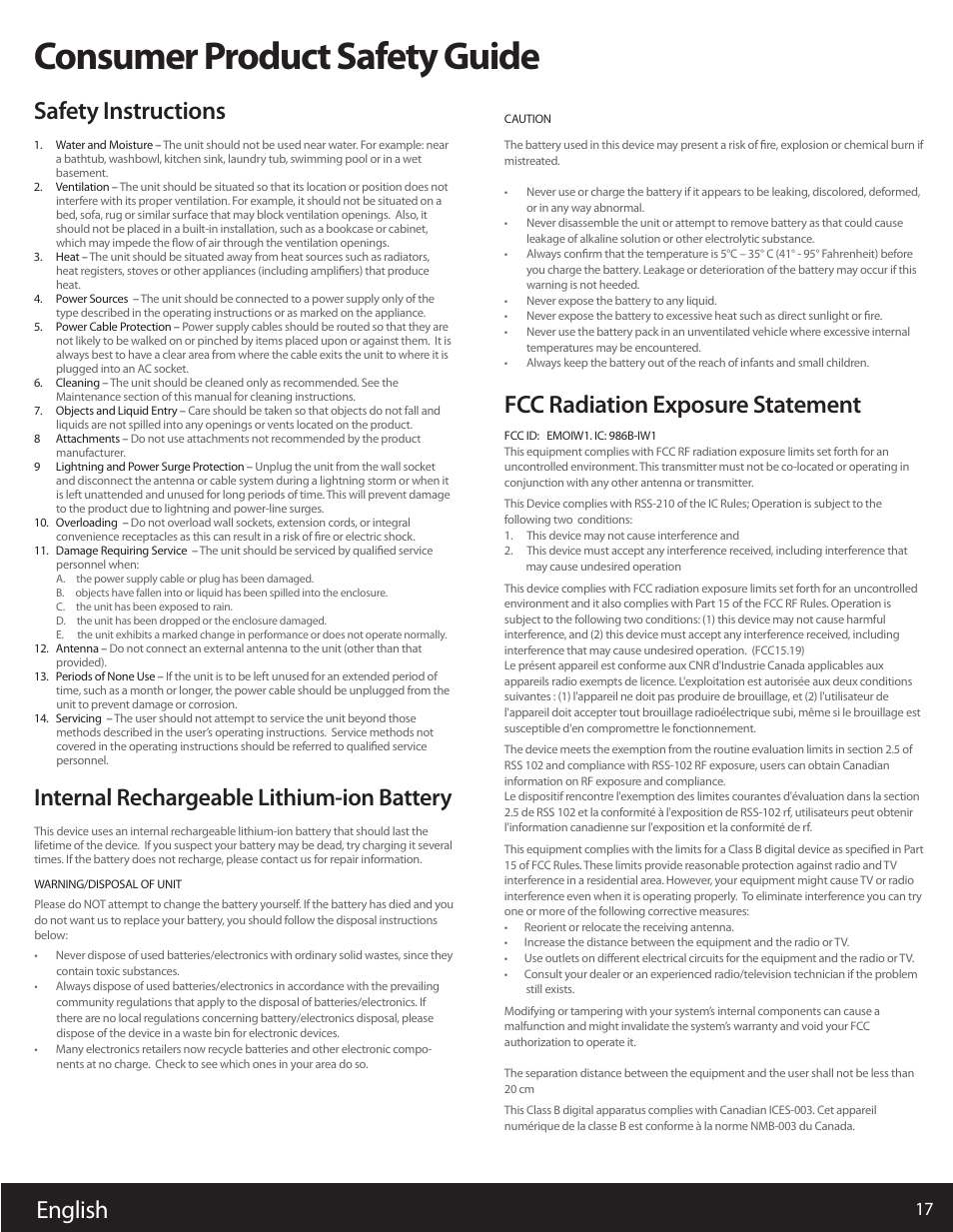 Consumer product safety guide, Safety instructions, Internal rechargeable lithium-ion battery | English, Fcc radiation exposure statement | iHome AIRPLAY IW1 User Manual | Page 17 / 20