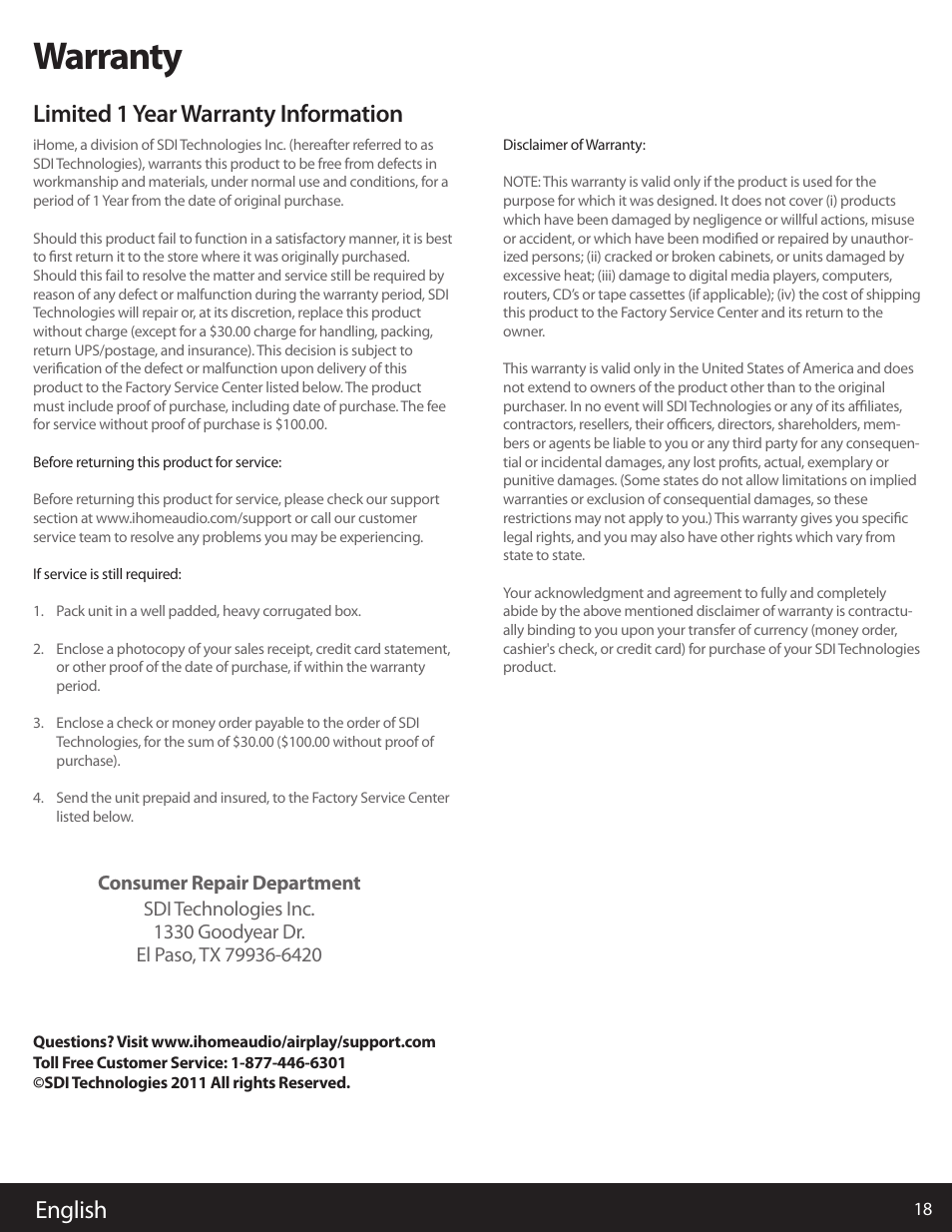 Warranty, English, Limited 1 year warranty information | iHome AIRPLAY IW1 User Manual | Page 18 / 20
