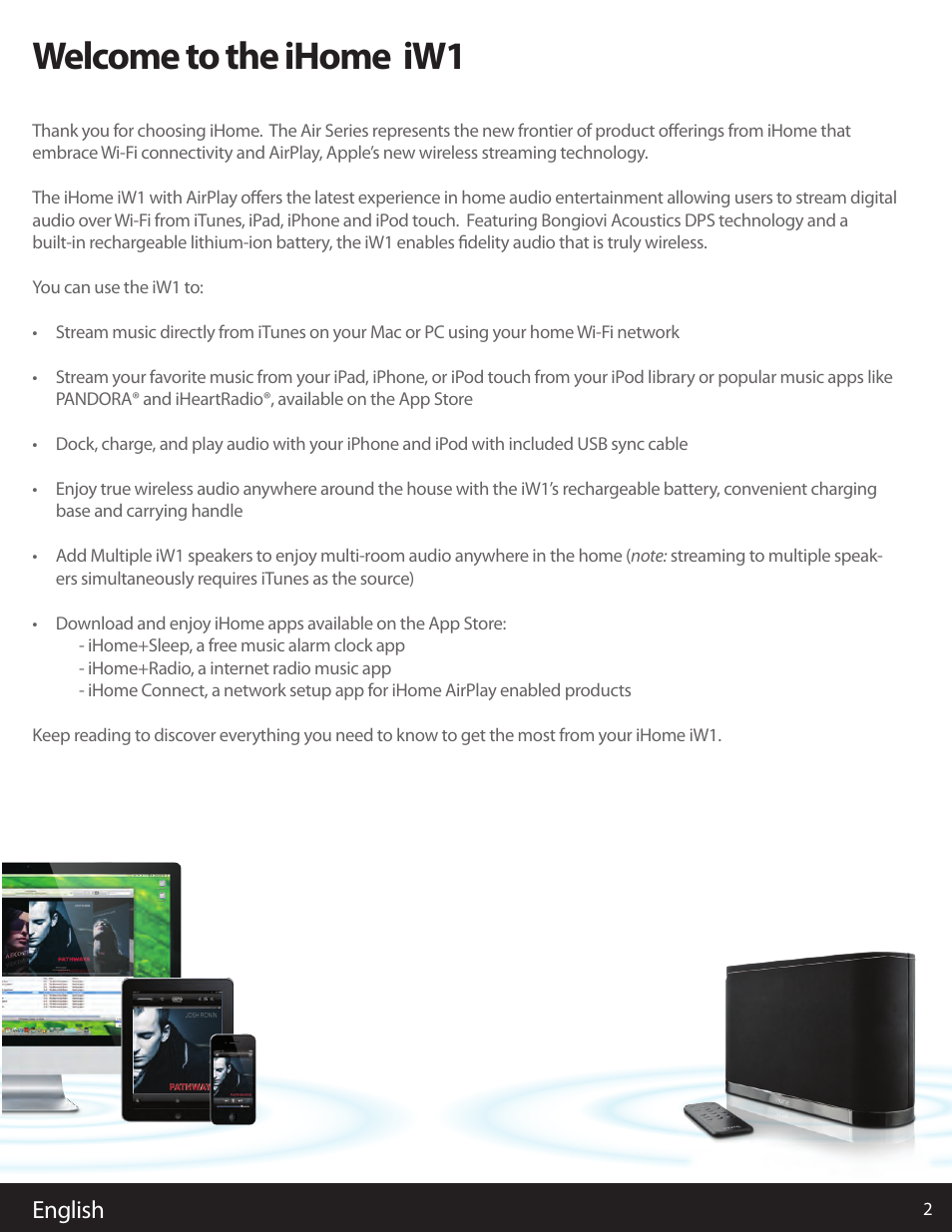 Welcome to the ihome iw1, English | iHome AIRPLAY IW1 User Manual | Page 2 / 20