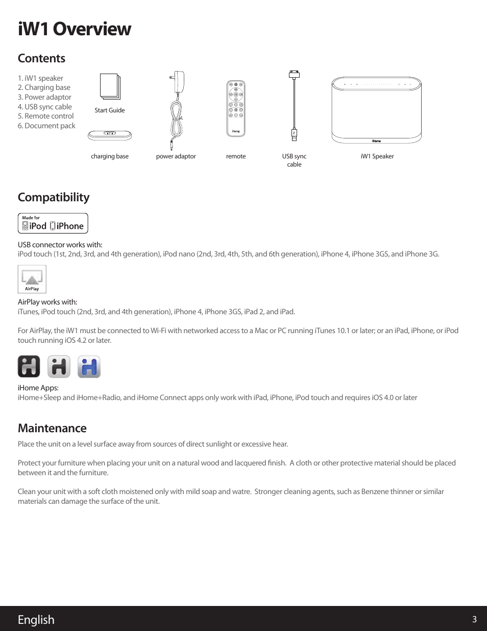 Iw1 overview, English contents, Compatibility | Maintenance | iHome AIRPLAY IW1 User Manual | Page 3 / 20