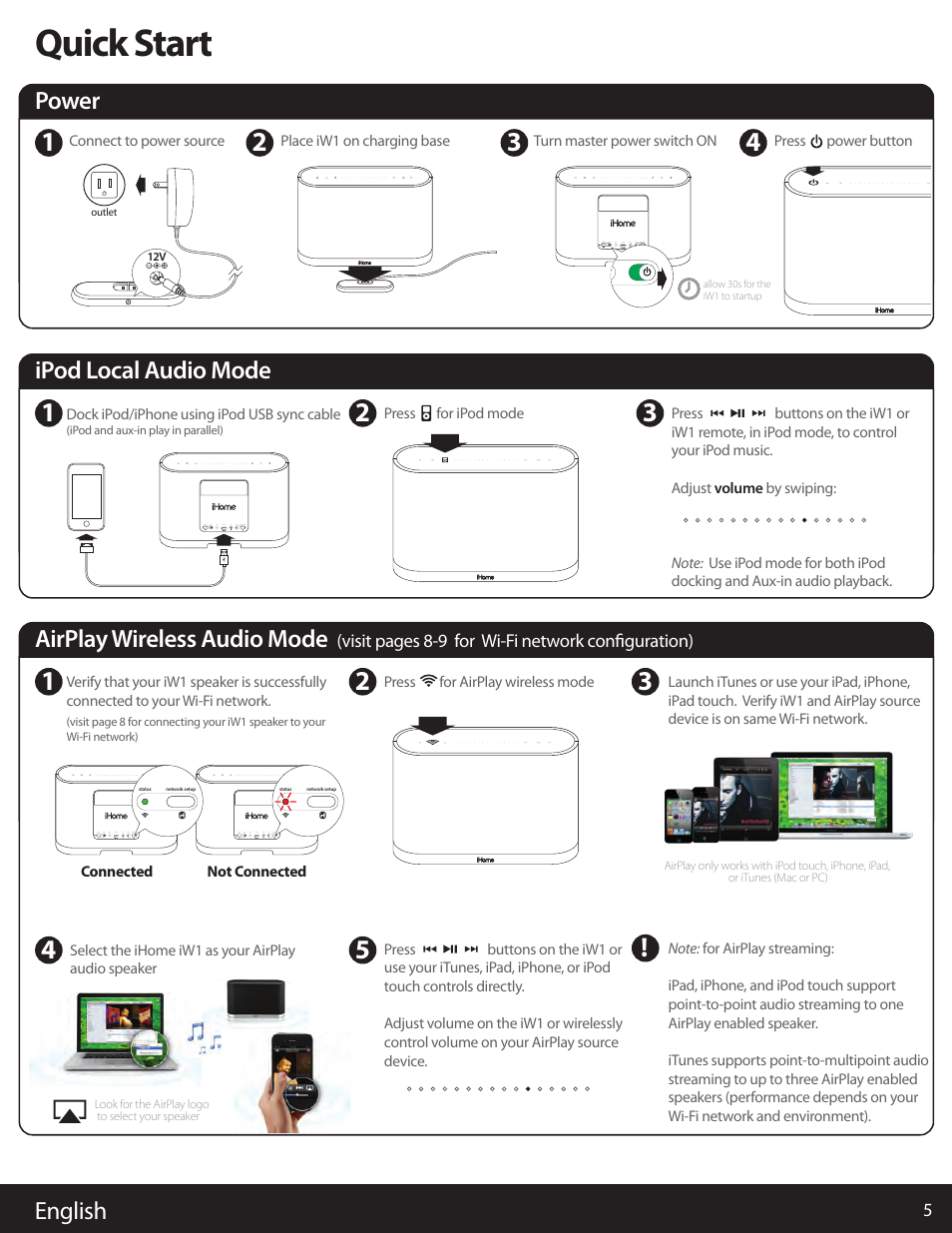 Quick start, English power, Airplay wireless audio mode | Ipod local audio mode | iHome AIRPLAY IW1 User Manual | Page 5 / 20