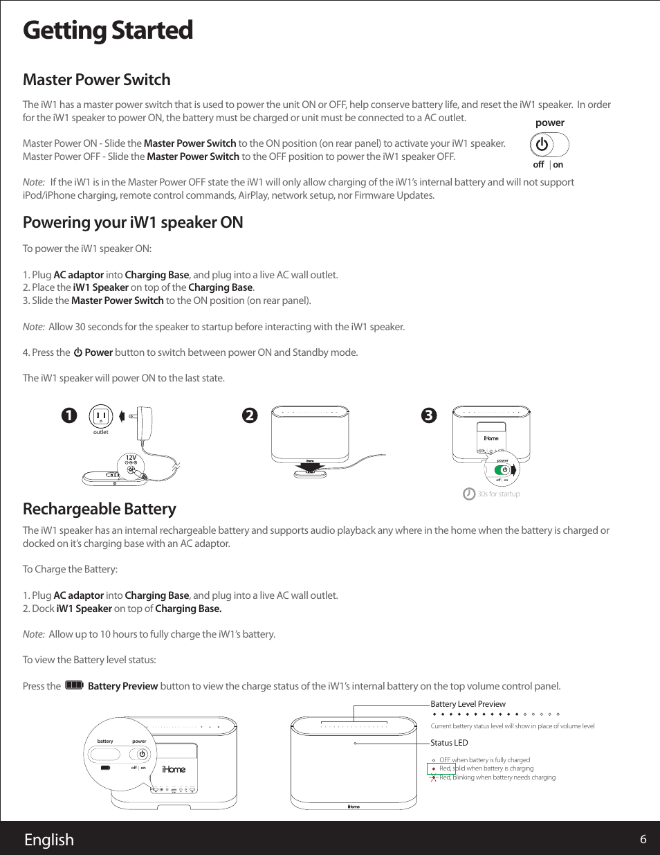 Getting started, English, Master power switch | Powering your iw1 speaker on, Rechargeable battery | iHome AIRPLAY IW1 User Manual | Page 6 / 20