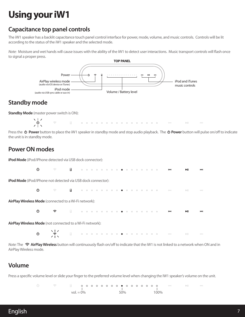 Using your iw1, English, Power on modes | Volume, Standby mode, Capacitance top panel controls | iHome AIRPLAY IW1 User Manual | Page 7 / 20