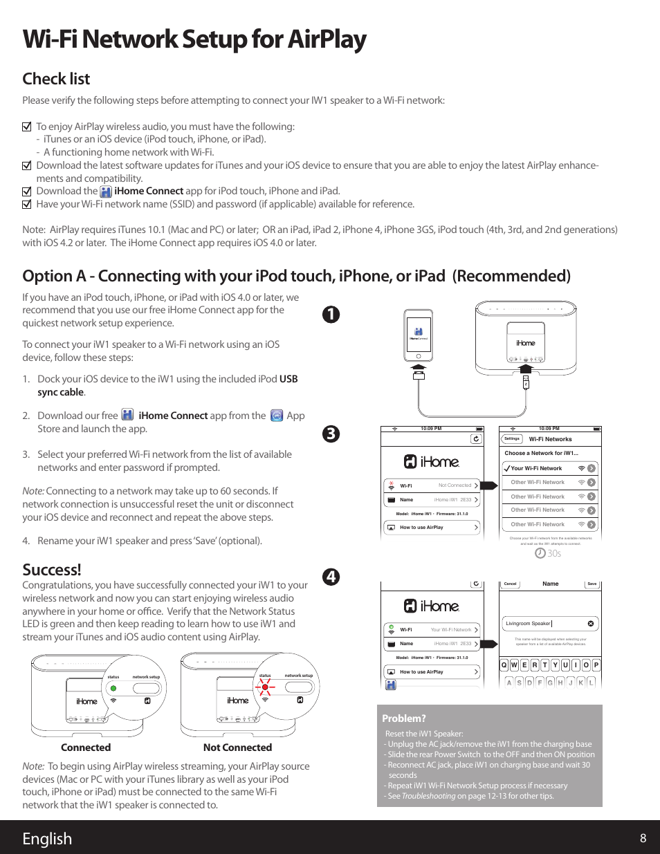 Wi-fi network setup for airplay, Success, English | iHome AIRPLAY IW1 User Manual | Page 8 / 20