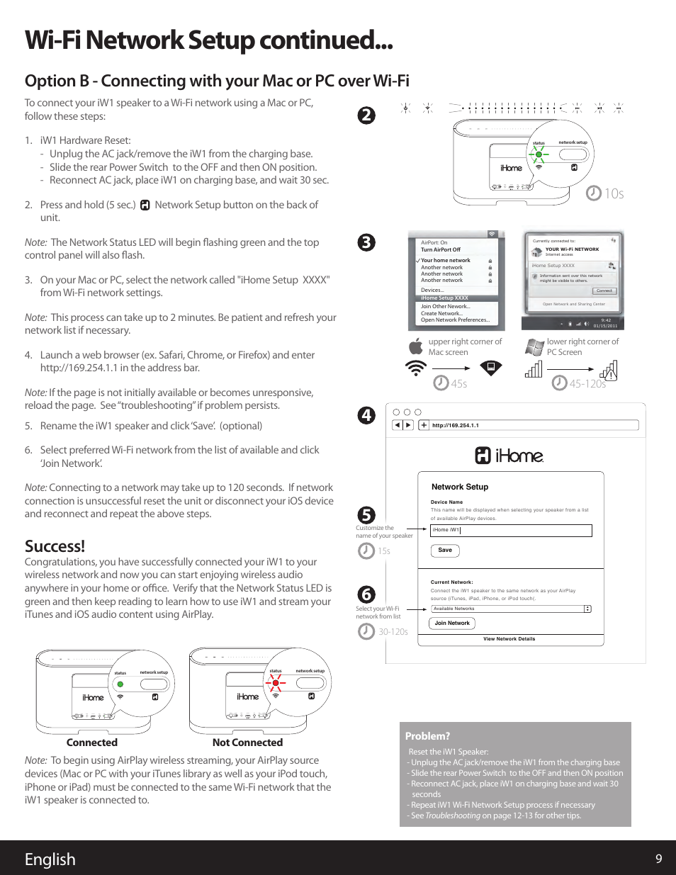 Wi-fi network setup continued, English, Success | iHome AIRPLAY IW1 User Manual | Page 9 / 20