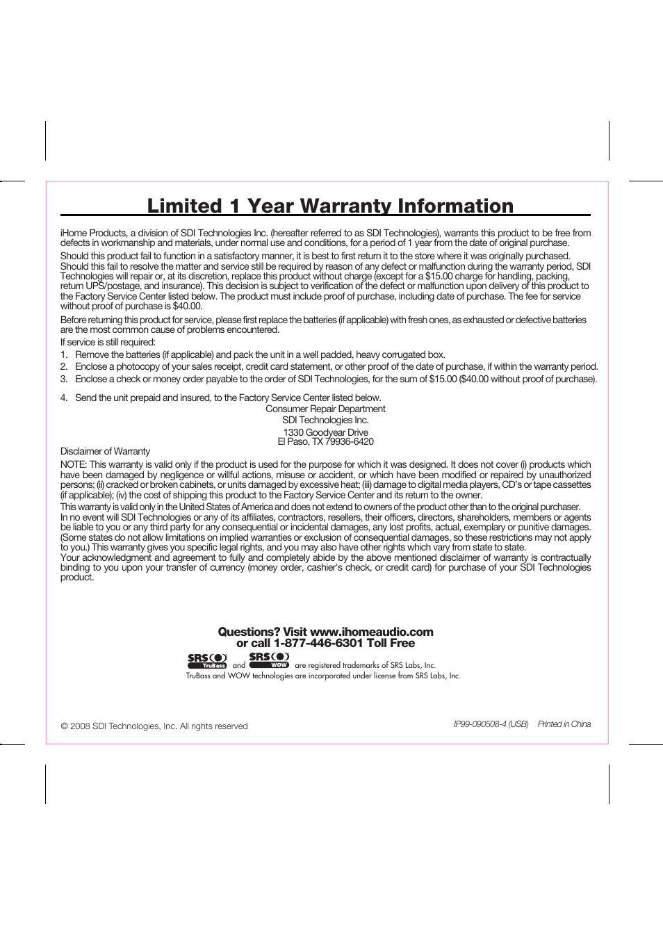 Limited 1 year warranty information | iHome iP99 IB User Manual | Page 14 / 14