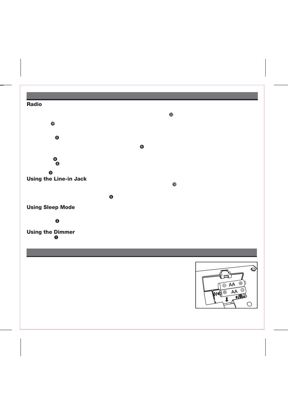 Replacing ip99 backup batteries using the ip99, Radio, Using the line-in jack | Using sleep mode, Using the dimmer | iHome iP99 IB User Manual | Page 7 / 14