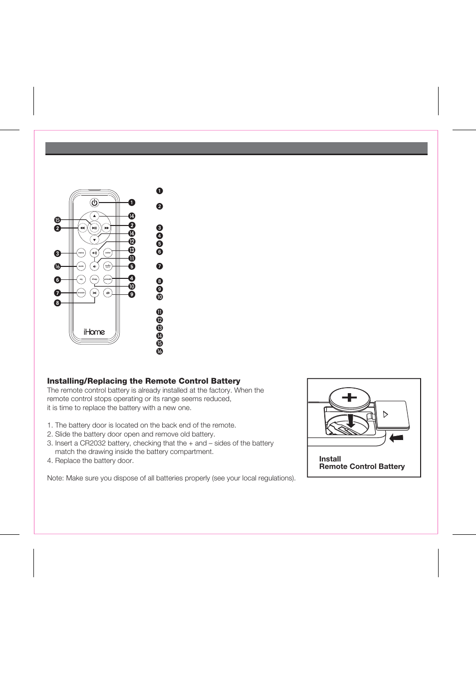 Using the remote control, Installing/replacing the remote control battery, Install remote control battery | iHome iP99 IB User Manual | Page 8 / 14