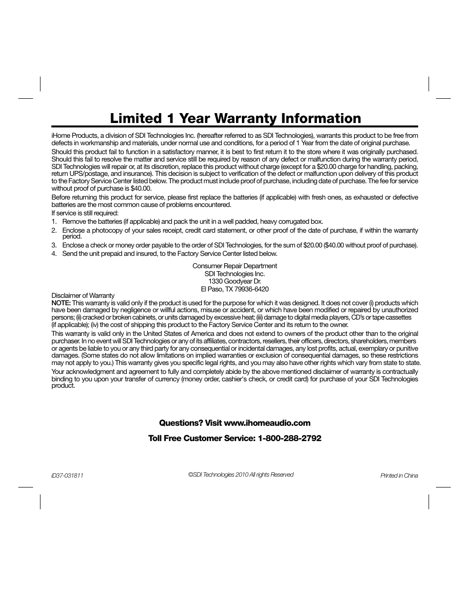 Limited 1 year warranty information | iHome IPOD ID37 User Manual | Page 12 / 12