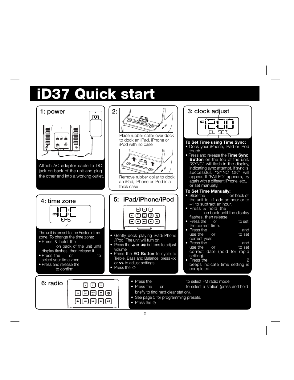 Id37 quick start, Clock adjust, Time zone | Power 5: ipad/iphone/ipod, Radio | iHome IPOD ID37 User Manual | Page 4 / 12