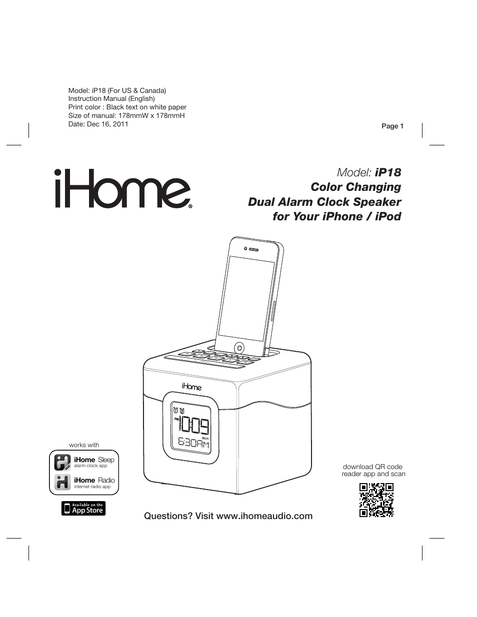 iHome IP18 User Manual | 12 pages