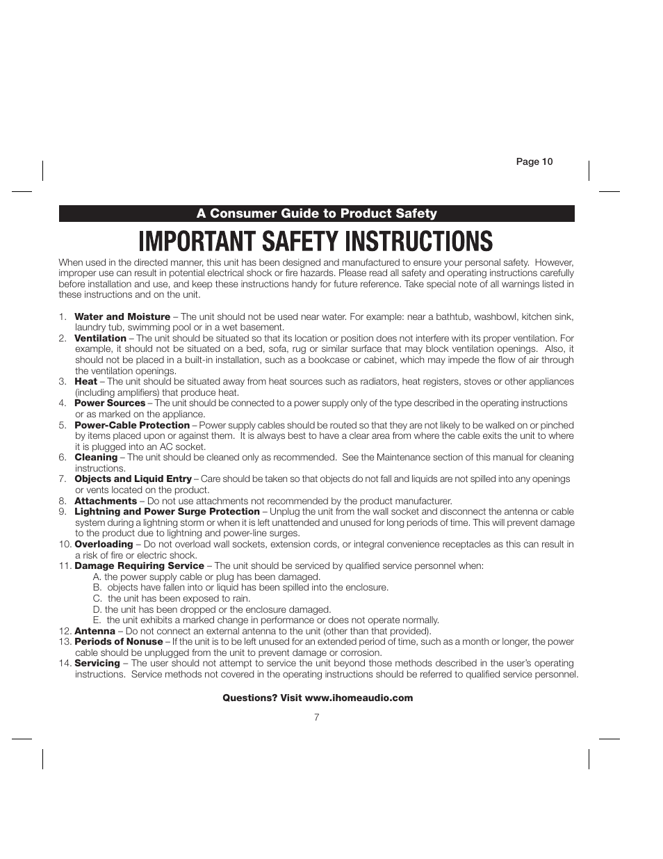 A consumer guide to product safety | iHome IP18 User Manual | Page 10 / 12