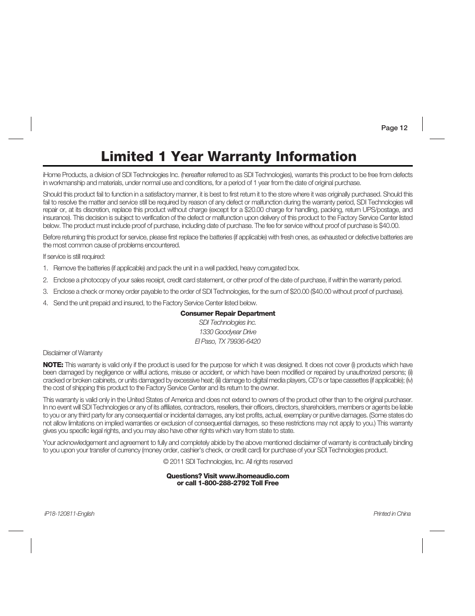 Limited 1 year warranty information | iHome IP18 User Manual | Page 12 / 12