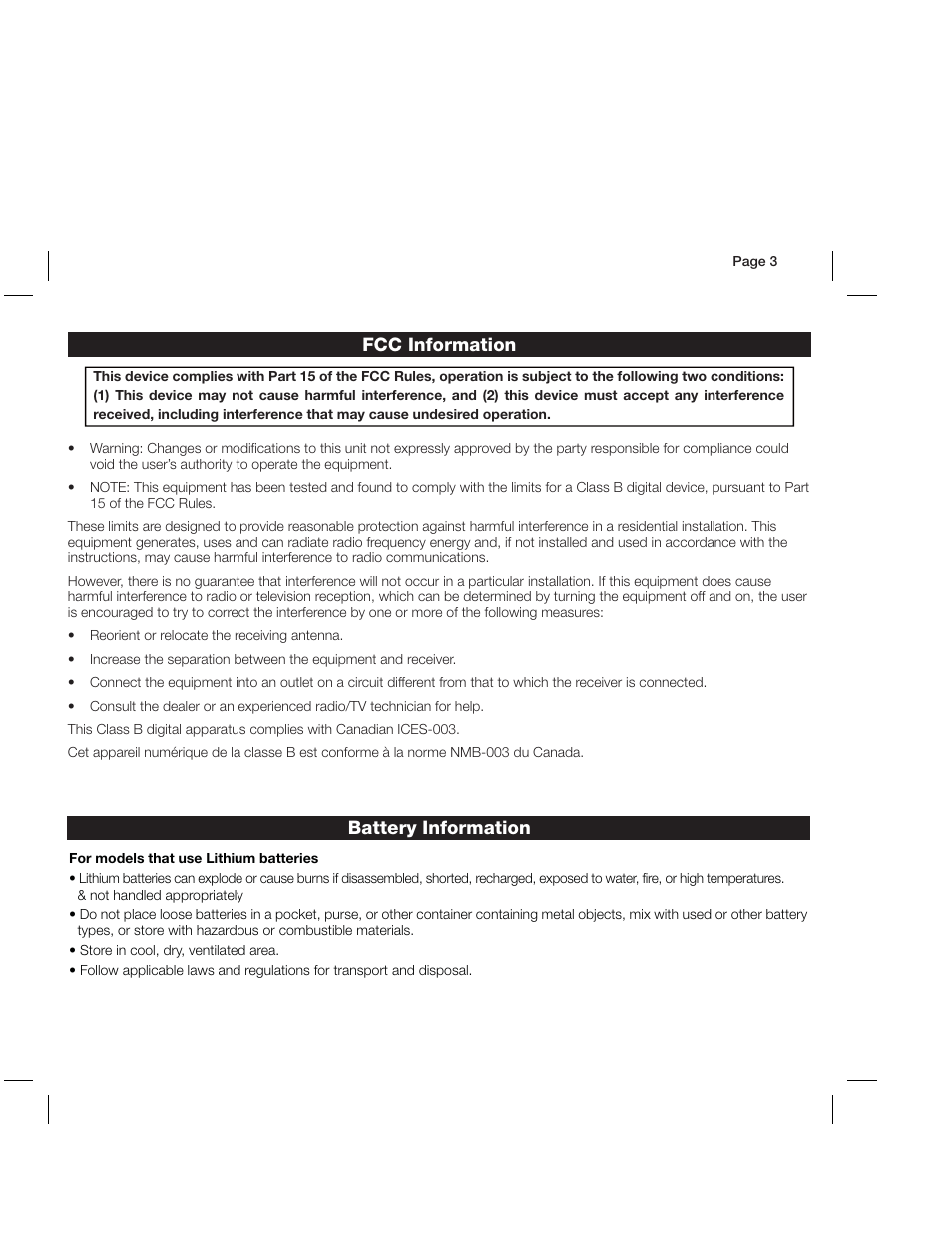 Fcc information, Battery information | iHome IP18 User Manual | Page 3 / 12