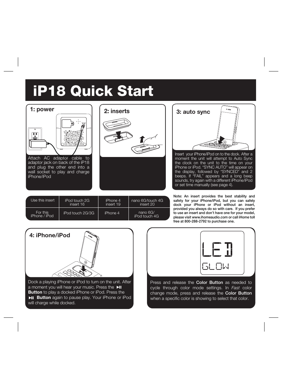 Ip18 quick start, Inserts, Power | Iphone/ipod 3: auto sync, Color change | iHome IP18 User Manual | Page 5 / 12