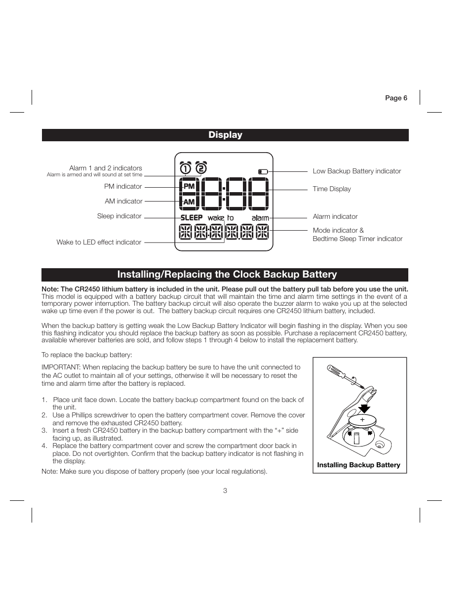 Installing/replacing the clock backup battery, Display | iHome IP18 User Manual | Page 6 / 12