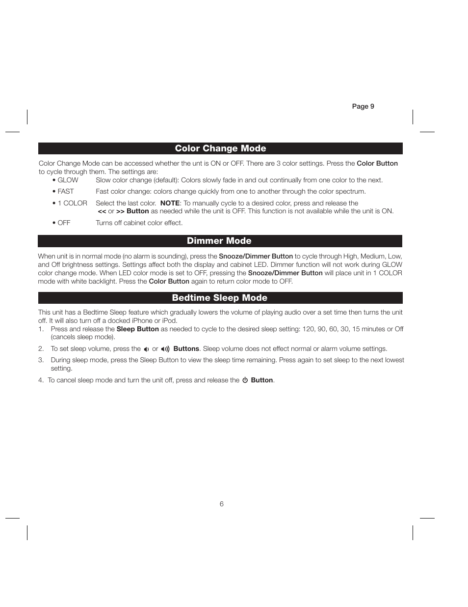 Color change mode, Dimmer mode bedtime sleep mode | iHome IP18 User Manual | Page 9 / 12