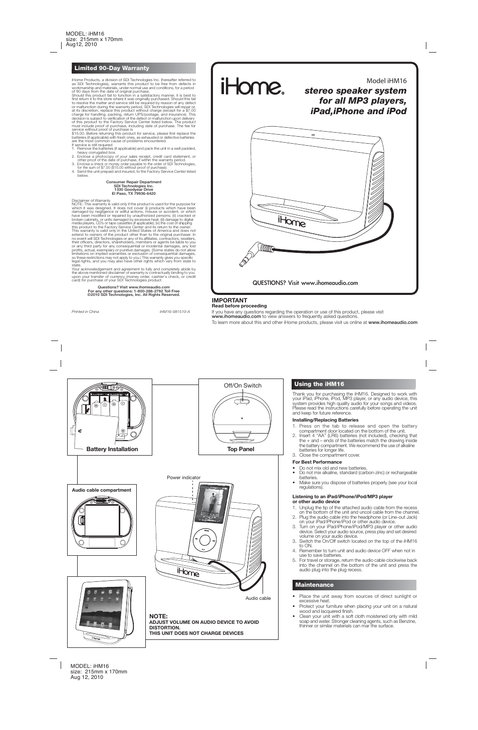 Ihm16 ib, Model ihm16 | iHome IHM16 User Manual | Page 2 / 2