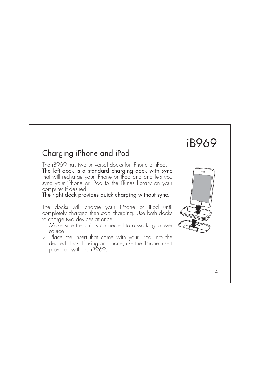 Ib969, Charging iphone and ipod | iHome IB969 User Manual | Page 8 / 16