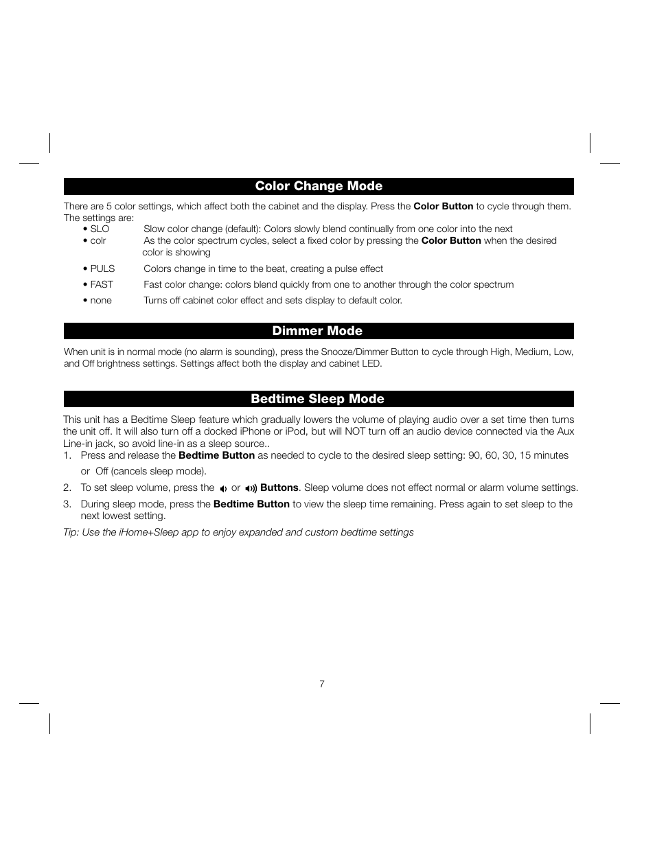 Color change mode, Dimmer mode bedtime sleep mode | iHome IA17 User Manual | Page 10 / 12